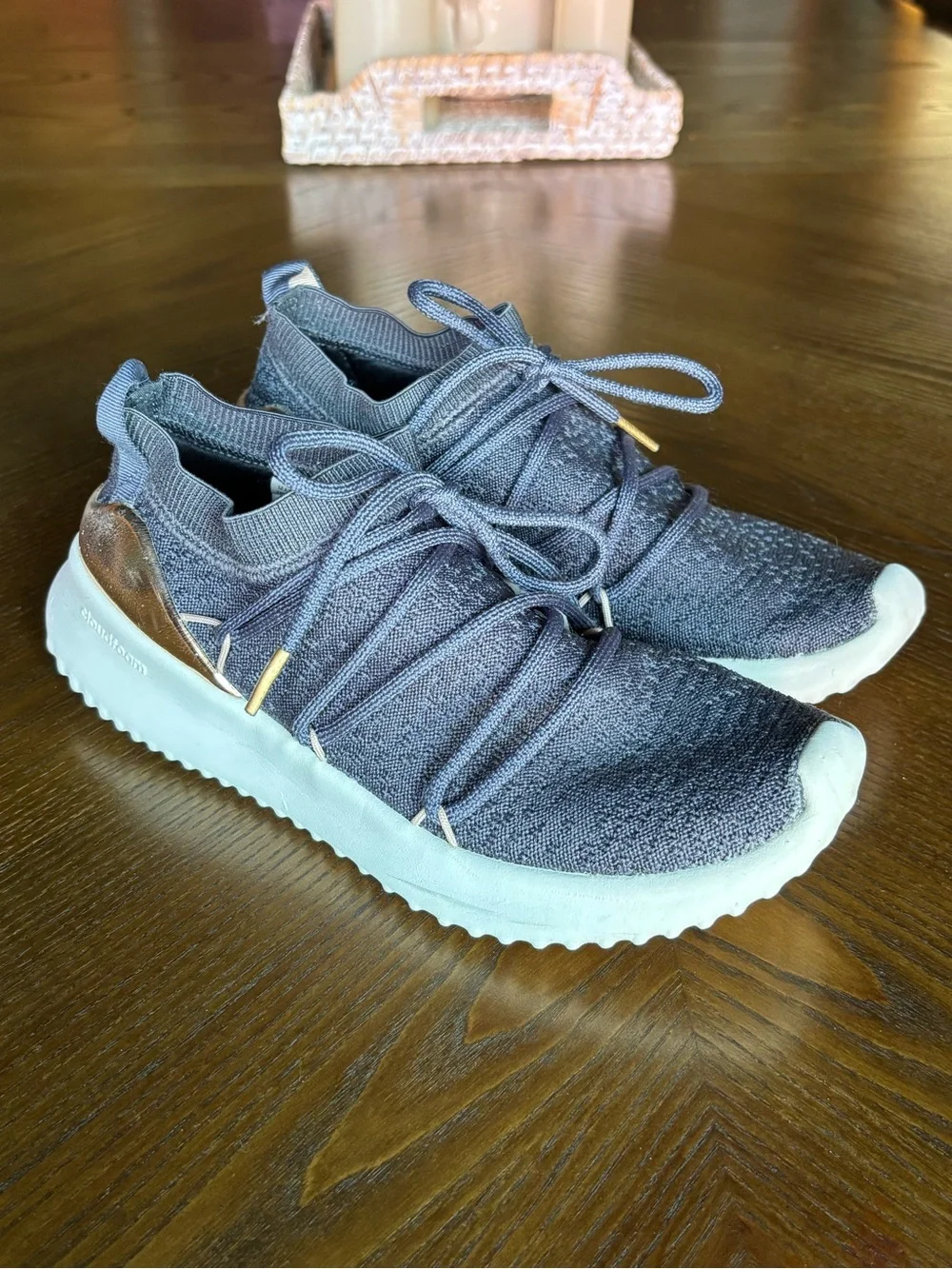 Adidas Women’s Size 7 Gray/Blue Knit Sneakers Rose Gold Cloudfoam Athletic Shoes